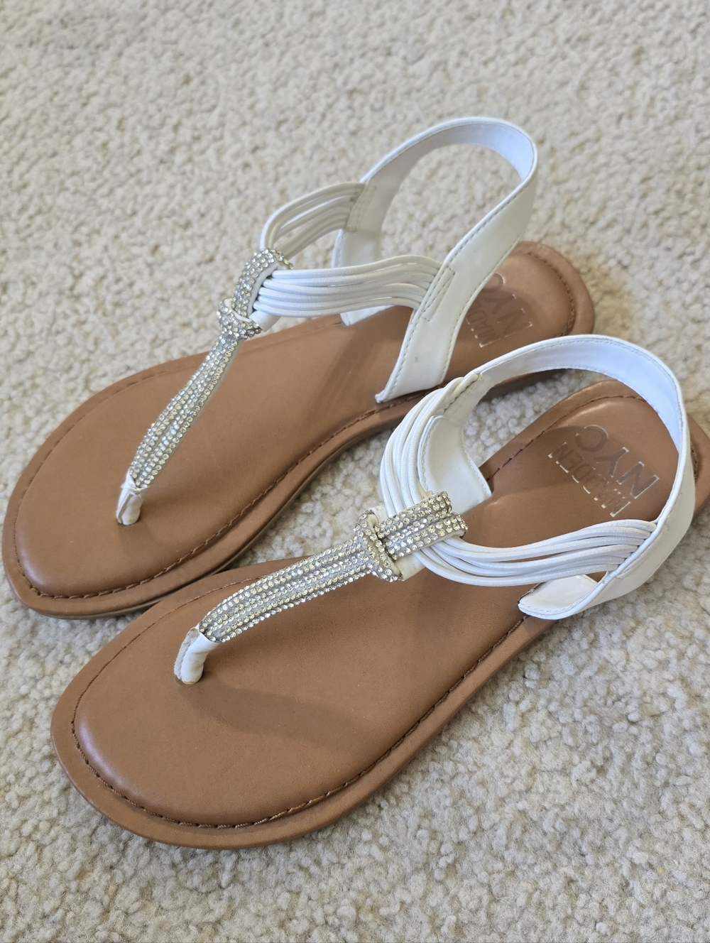 Madden NYC White Embellished T-Strap Sandals - Women Size 6